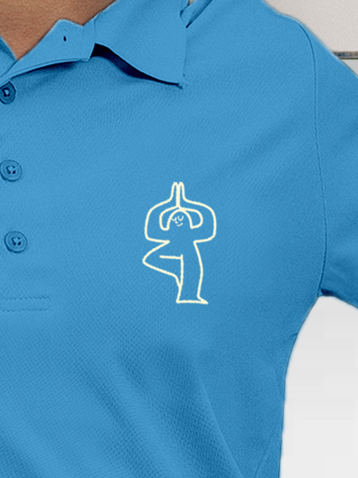 Close up of 'Balance Is A Decision' design on Women's Blue Collar T-shirt, highlighting intricate details and vibrant print.
