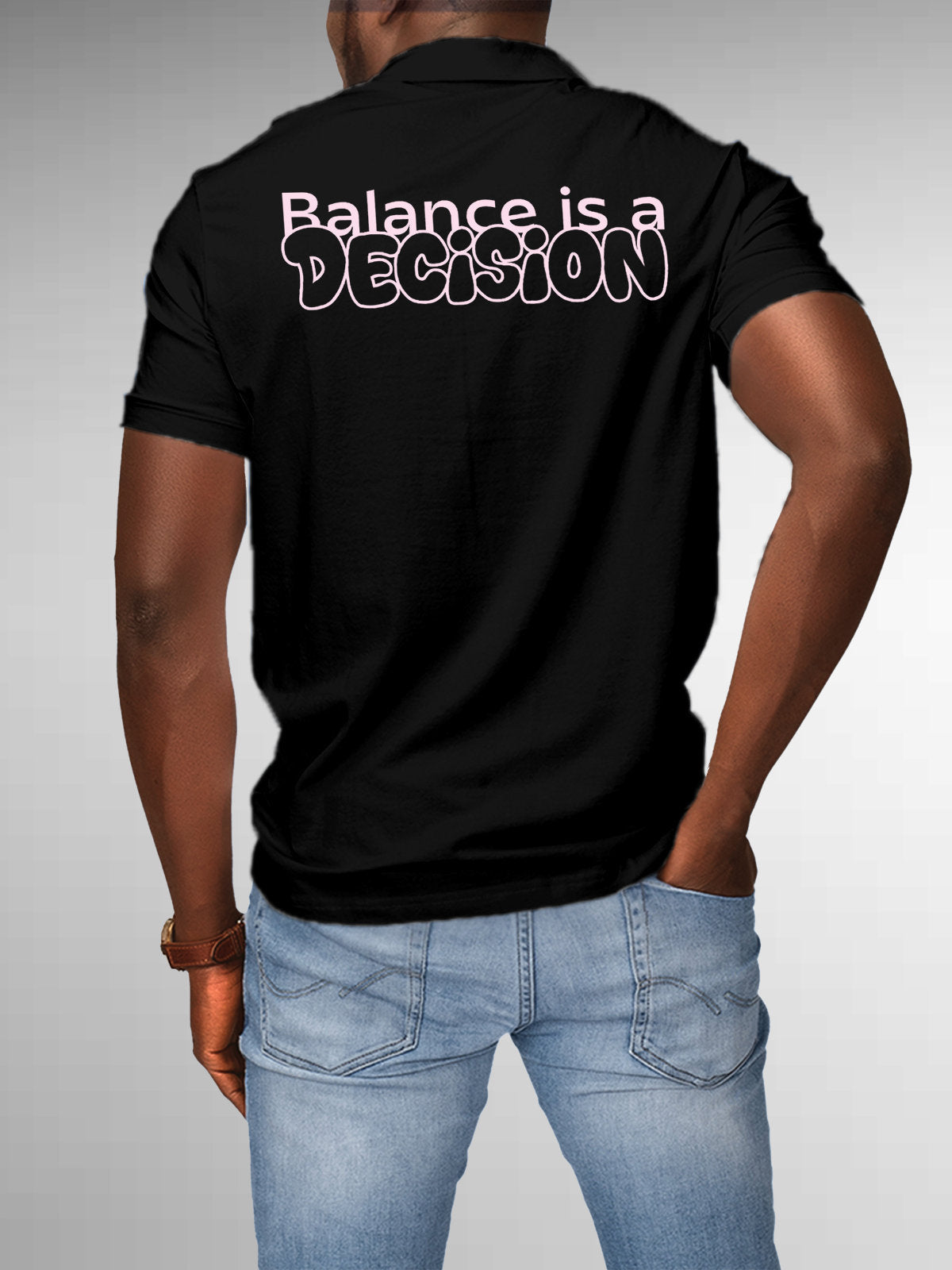 Model wearing Men's Black Collar T-shirt with the text 'Balance is a decision' printed at the back.