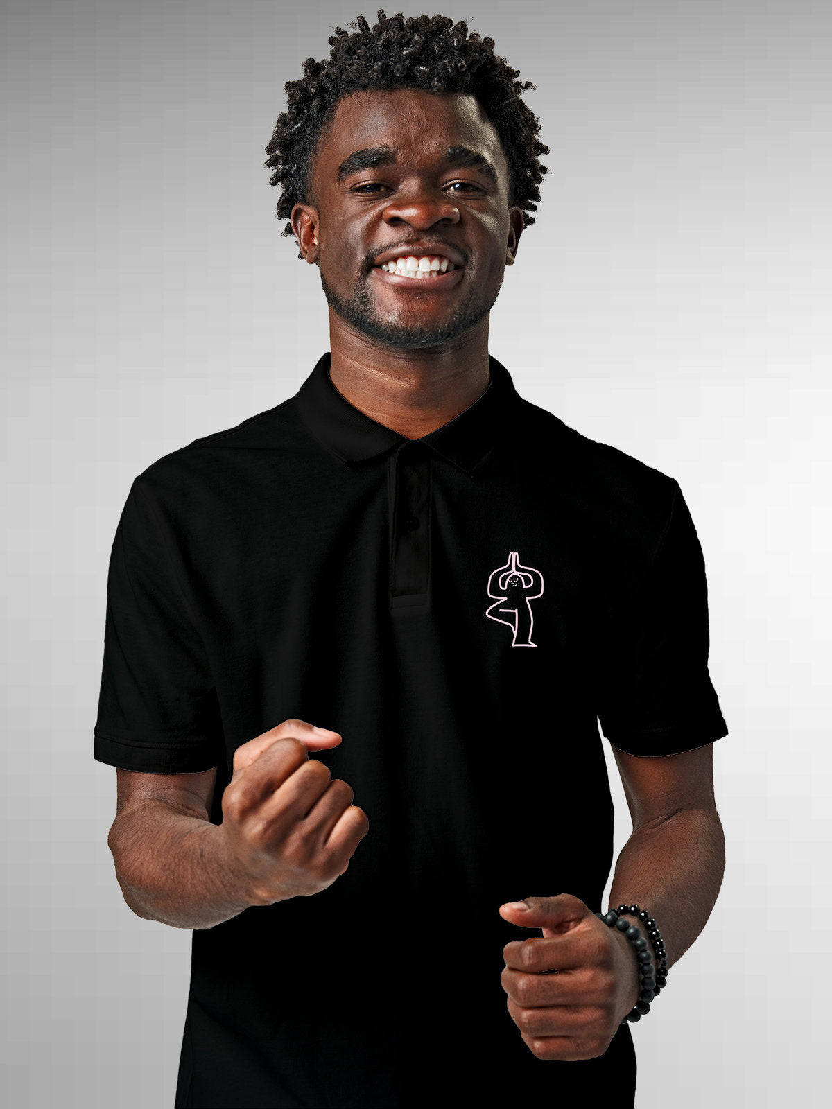 Front view of Men's Black Collar T-shirt, highlighting a goofy character symbolising 'Balance'.