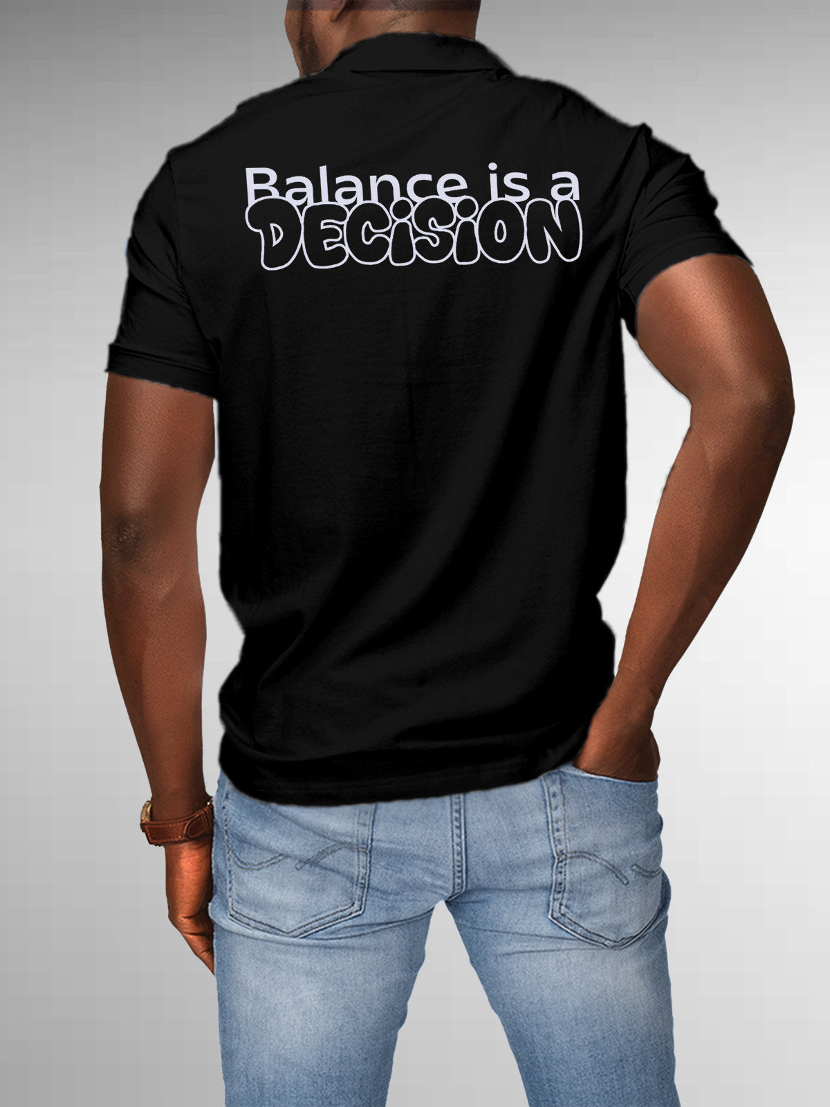 Model wearing Men's Black Collar T-shirt with the text 'Balance is a decision' printed at the back.