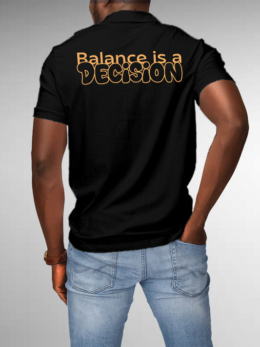 Fighterhero Polos: Model wearing Men's Black Polo T-shirt with 'Balance Is A Decision' design