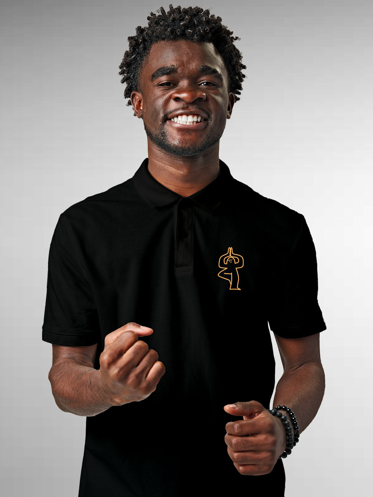 Front view of Men's Black Collar T-shirt, highlighting a goofy character symbolising 'Balance'.