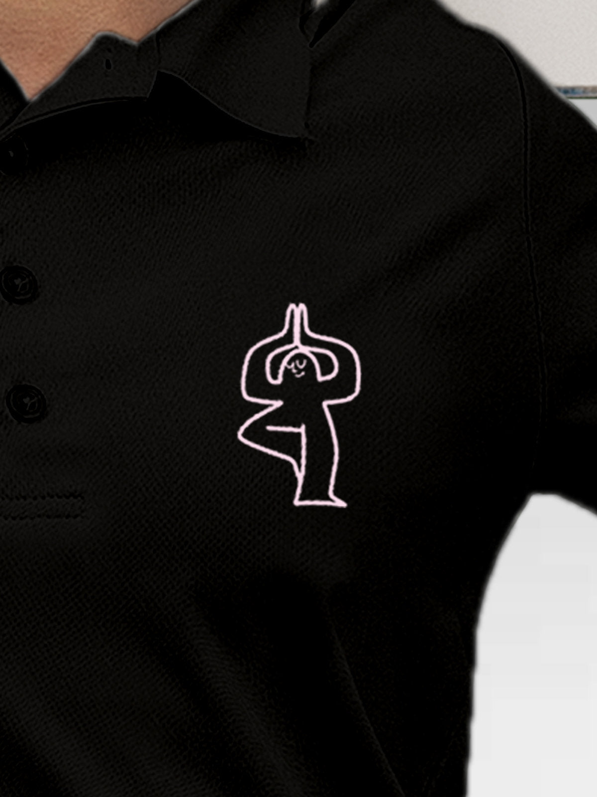 Close up of 'Balance Is A Decision' design on Women's Black Collar T-shirt, highlighting intricate details and vibrant print.
