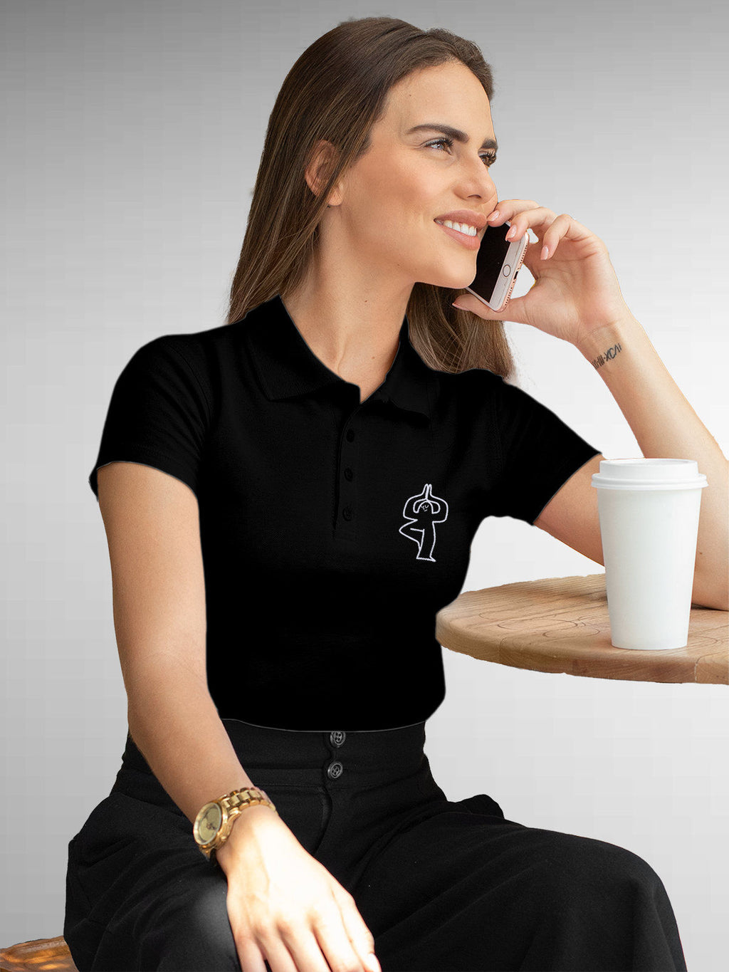 Front view of Women's Black Collar T-shirt, highlighting a goofy character symbolising 'Balance'.