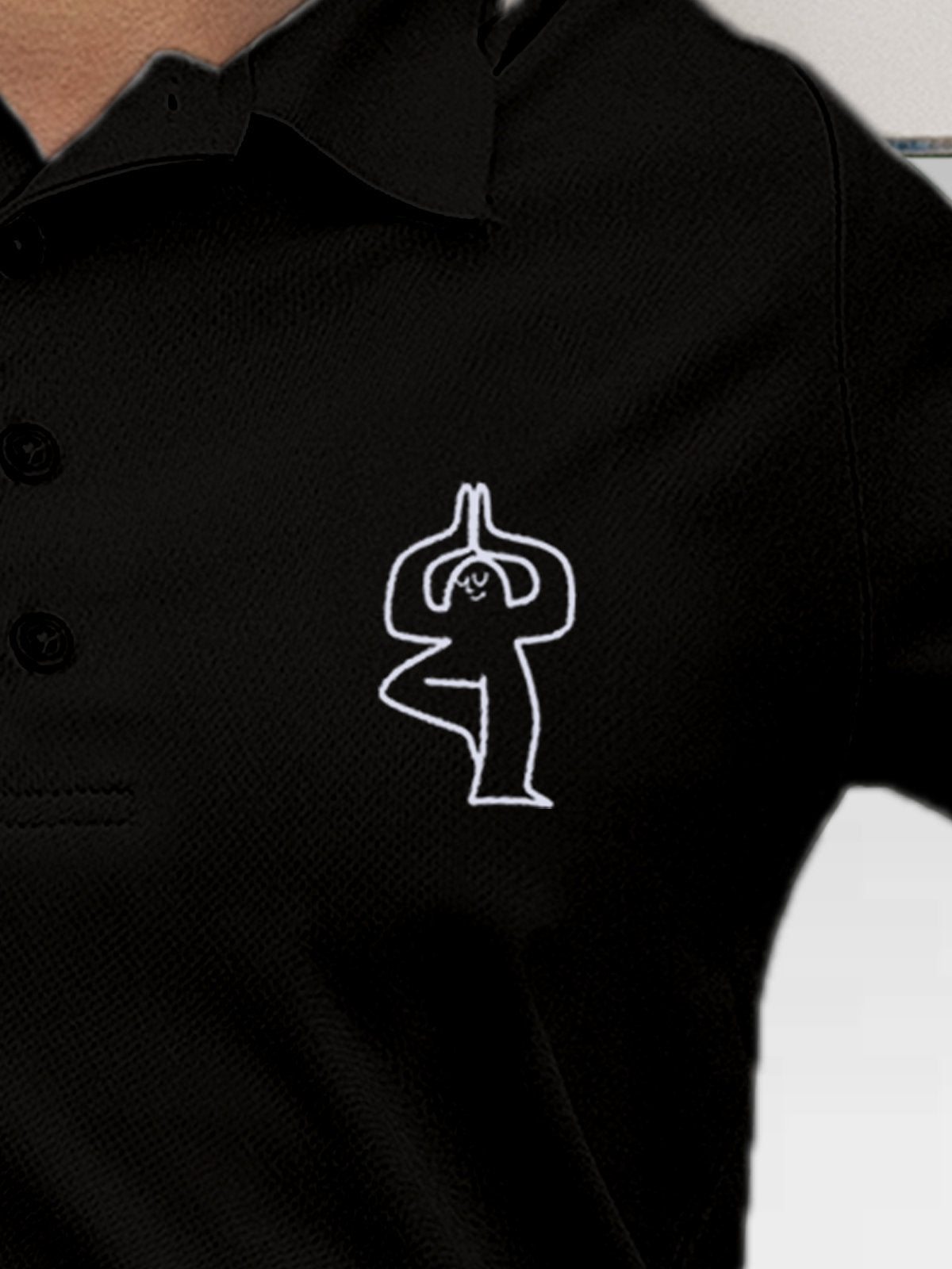 Close up of 'Balance Is A Decision' design on Women's Black Collar T-shirt, highlighting intricate details and vibrant print.