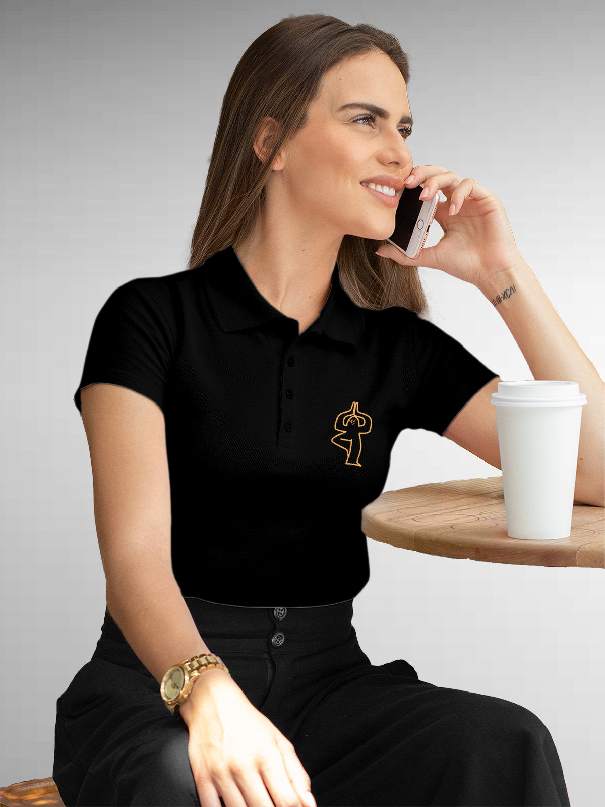 Front view of Women's Black Collar T-shirt, highlighting a goofy character symbolising 'Balance'.