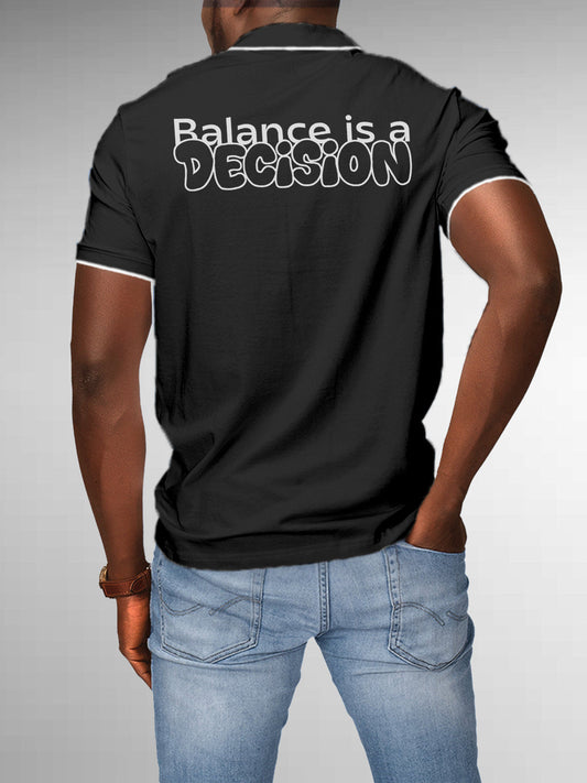 Model wearing Men's Dark Grey Collar T-shirt with the text 'Balance is a decision' printed at the back.