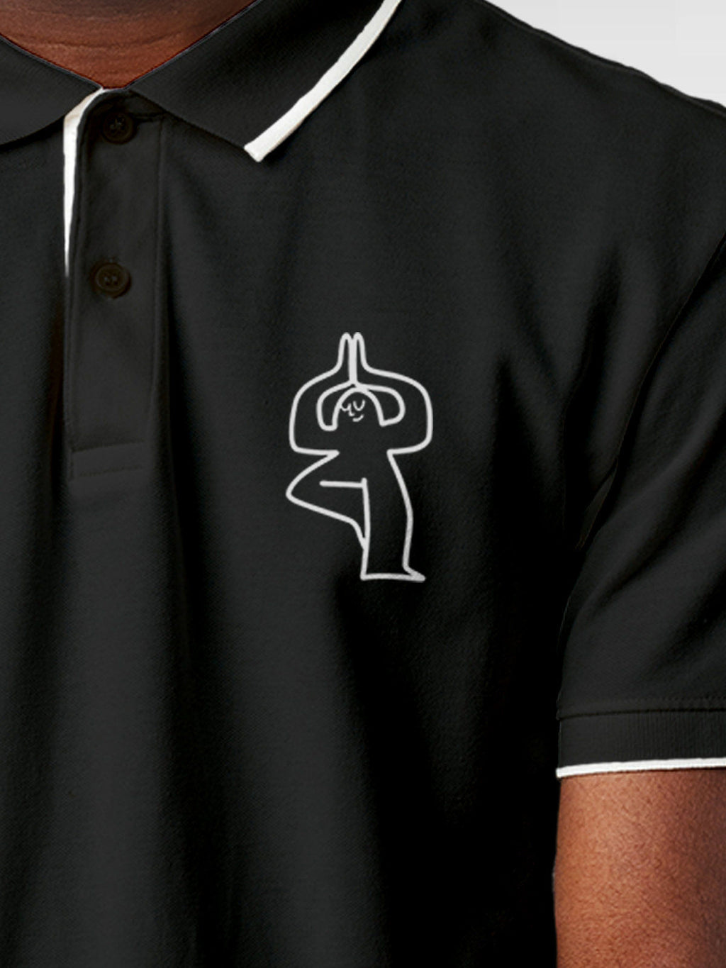 Close up of 'Balance Is A Decision' design on Men's Dark Grey Collar T-shirt, highlighting intricate details and vibrant print.