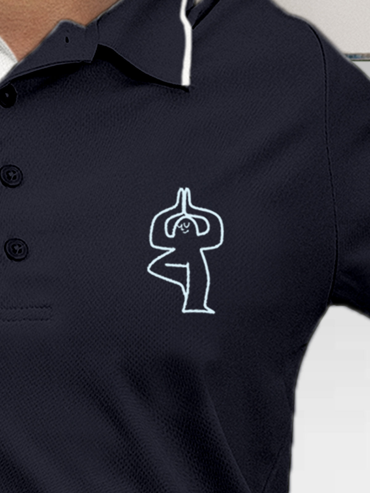 Close up of 'Balance Is A Decision' design on Women's Navy Blue Collar T-shirt, highlighting intricate details and vibrant print.