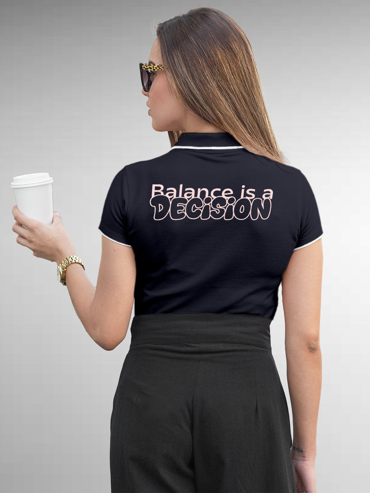 Model wearing Women's Navy Blue Collar T-shirt with the text 'Balance is a decision' printed at the back.