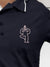 Close up of 'Balance Is A Decision' design on Women's Navy Blue Collar T-shirt, highlighting intricate details and vibrant print.