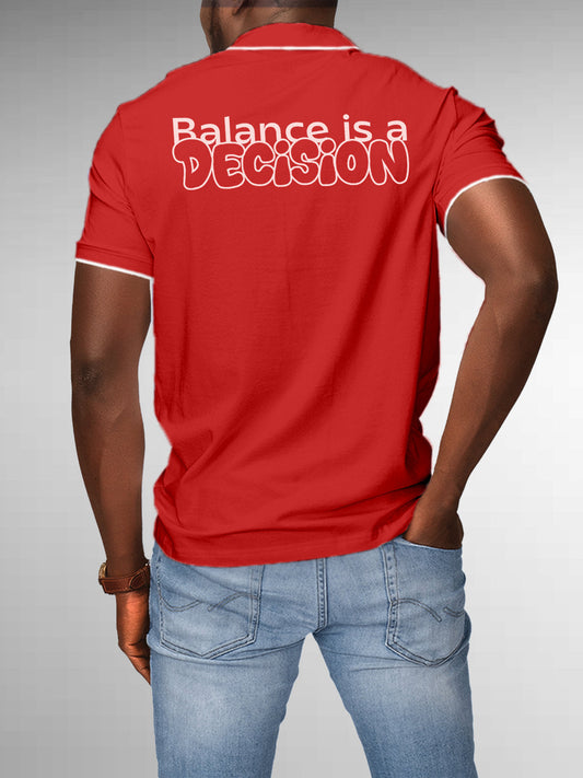 Fighterhero Polos: Model wearing Men's Red Polo T-shirt with 'Balance Is A Decision' design