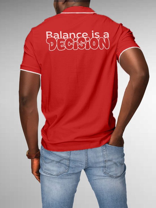 Fighterhero Polos: Model wearing Men's Red Polo T-shirt with 'Balance Is A Decision' design