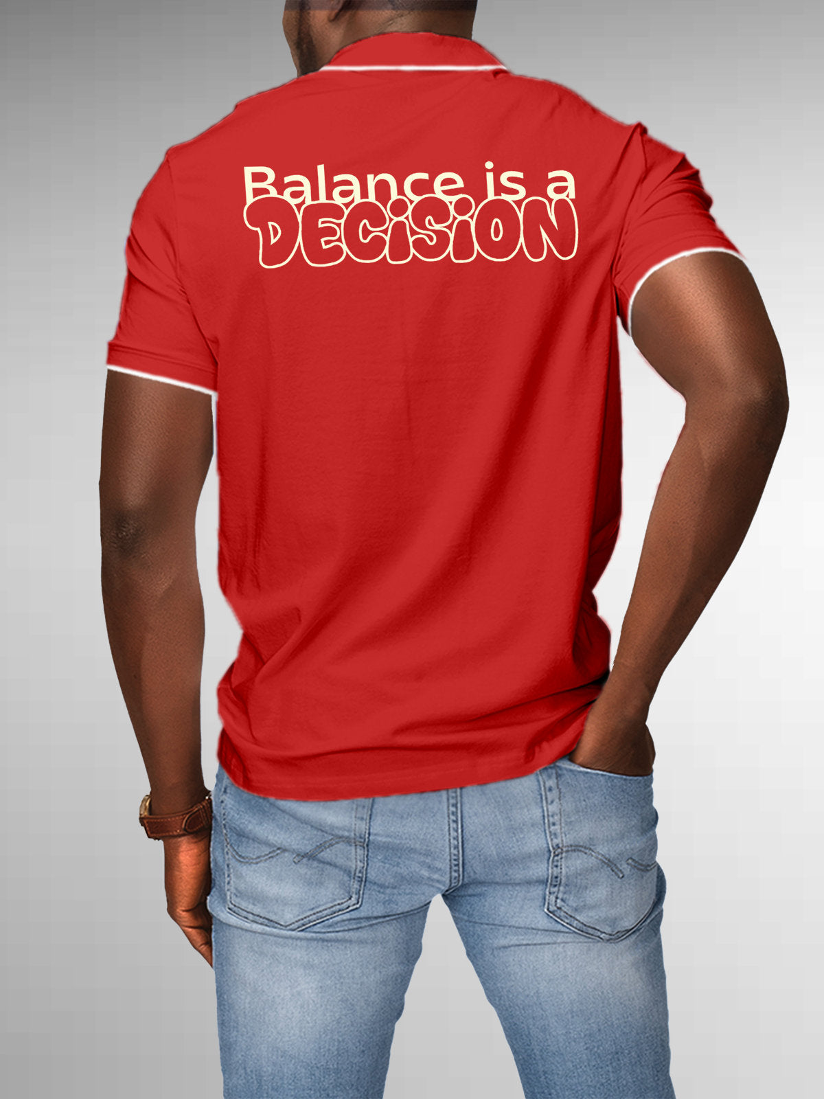 Model wearing Men's Red Collar T-shirt with the text 'Balance is a decision' printed at the back.