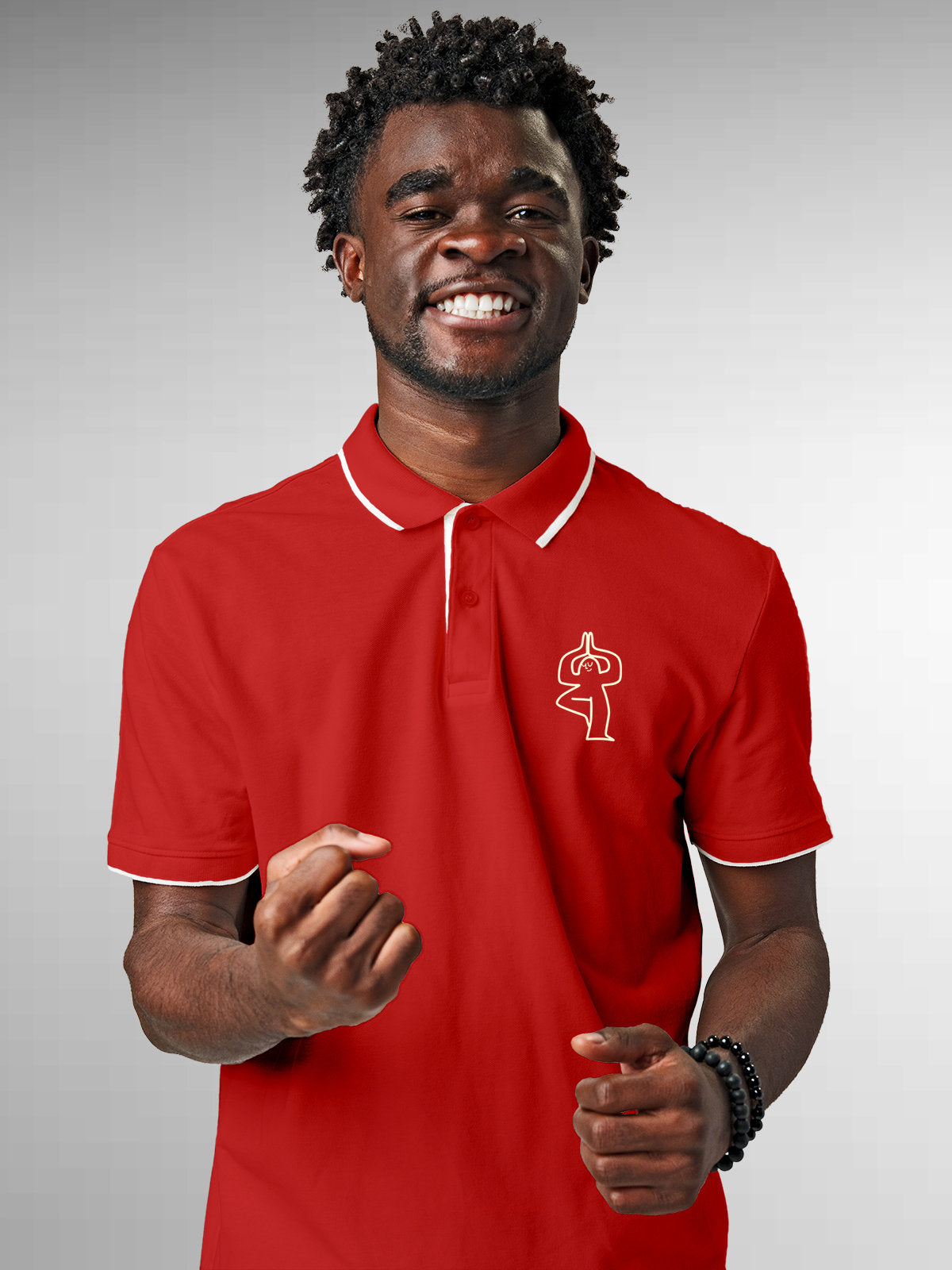 Front view of Men's Red Collar T-shirt, highlighting a goofy character symbolising 'Balance'.