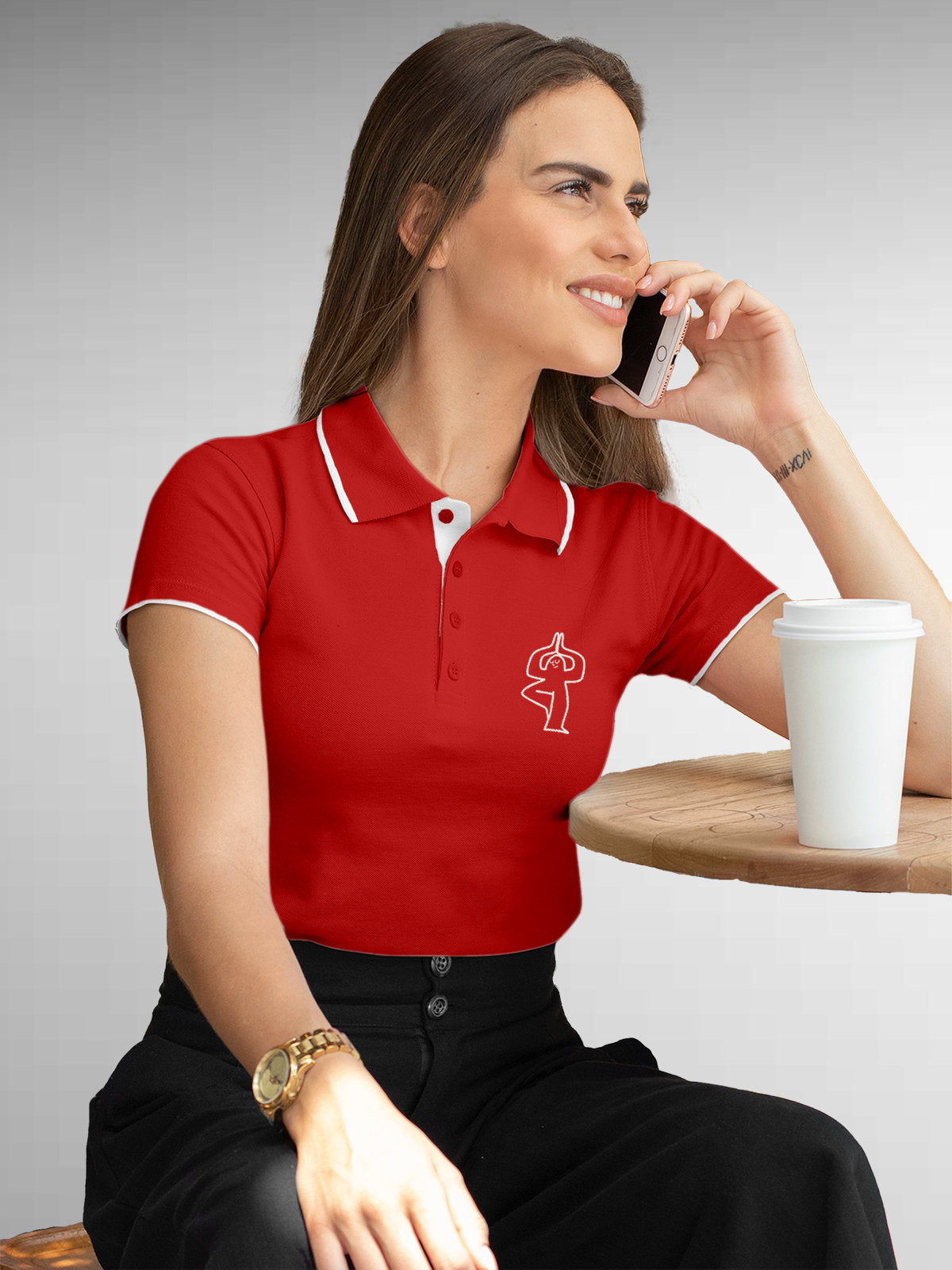 Front view of Women's Red Collar T-shirt, highlighting a goofy character symbolising 'Balance'.