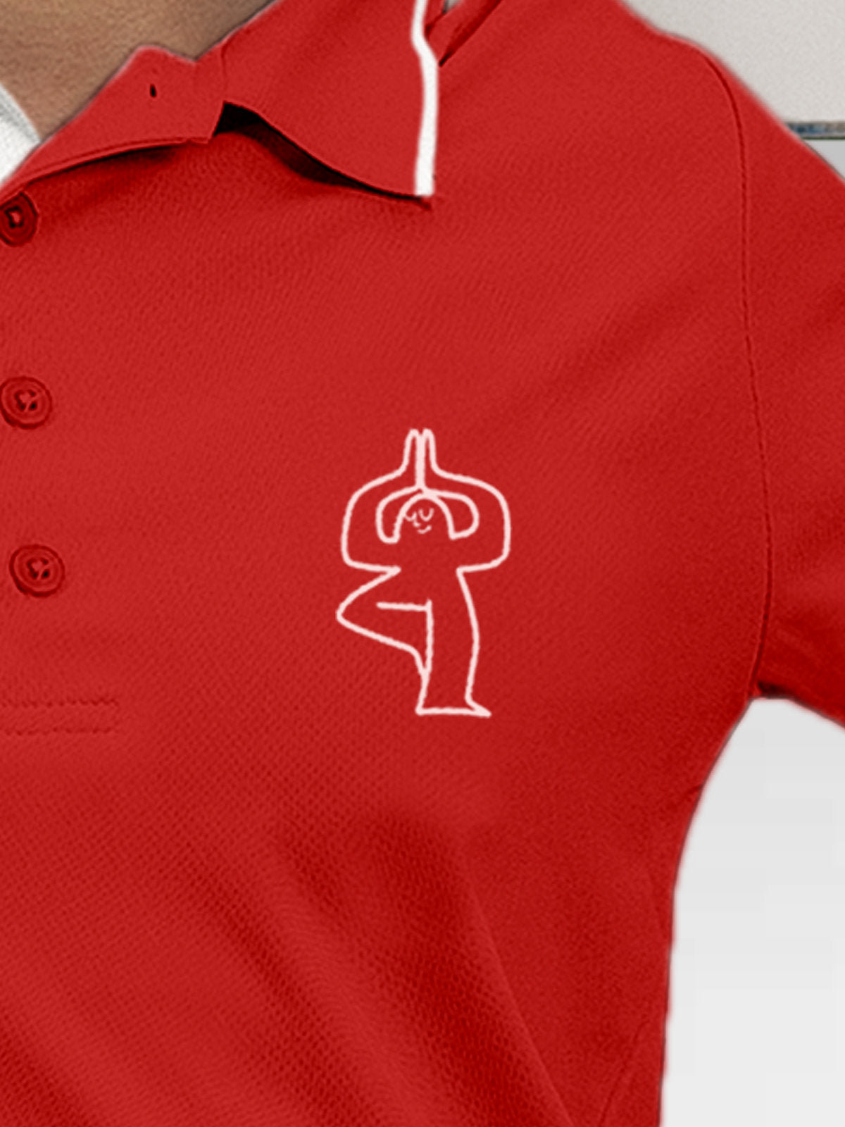 Close up of 'Balance Is A Decision' design on Women's Red Collar T-shirt, highlighting intricate details and vibrant print.