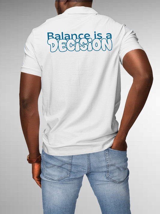 Fighterhero Polos: Model wearing Men's White Polo T-shirt with 'Balance Is A Decision' design