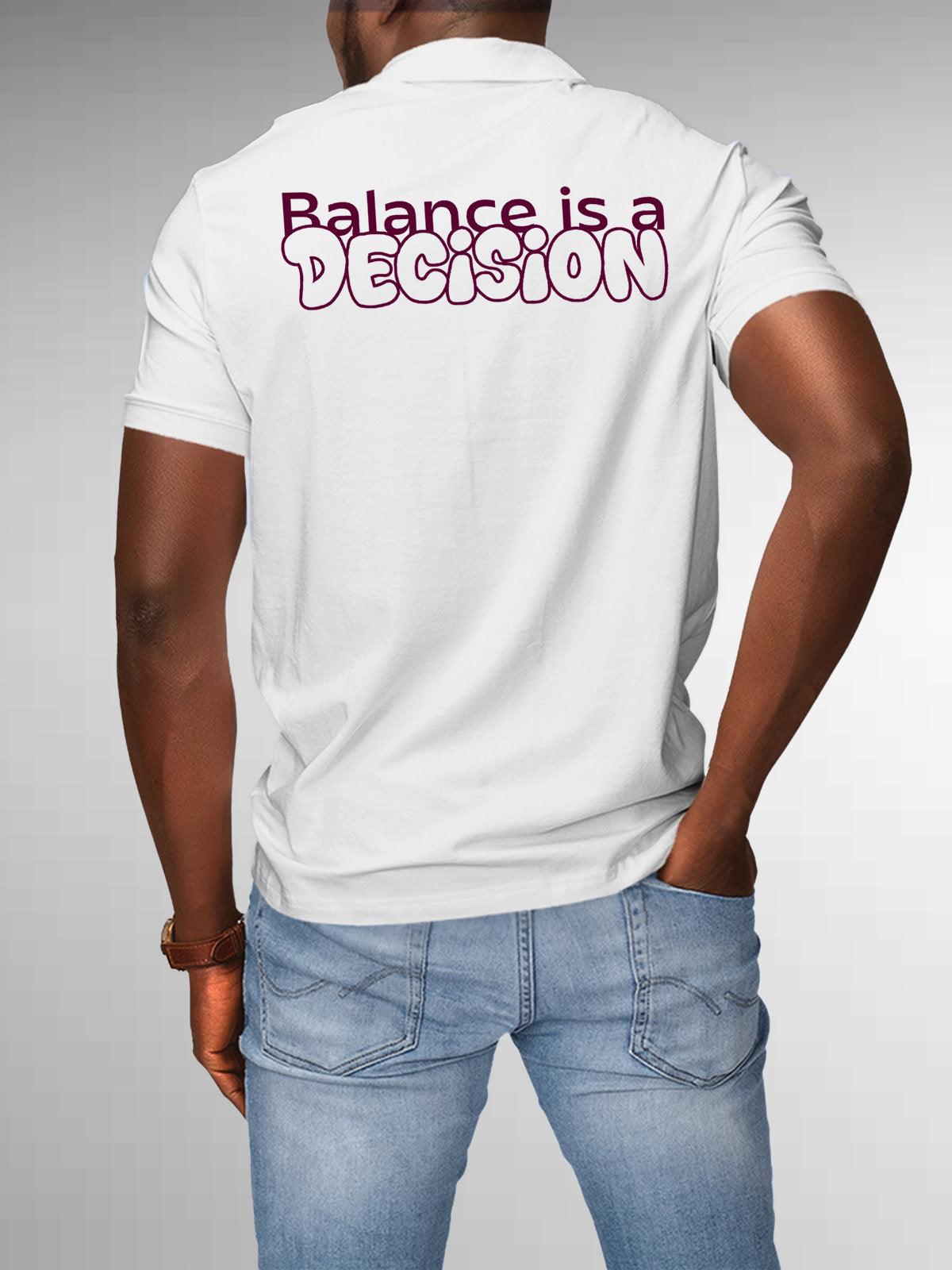 Model wearing Men's White Collar T-shirt with the text 'Balance is a decision' printed at the back.