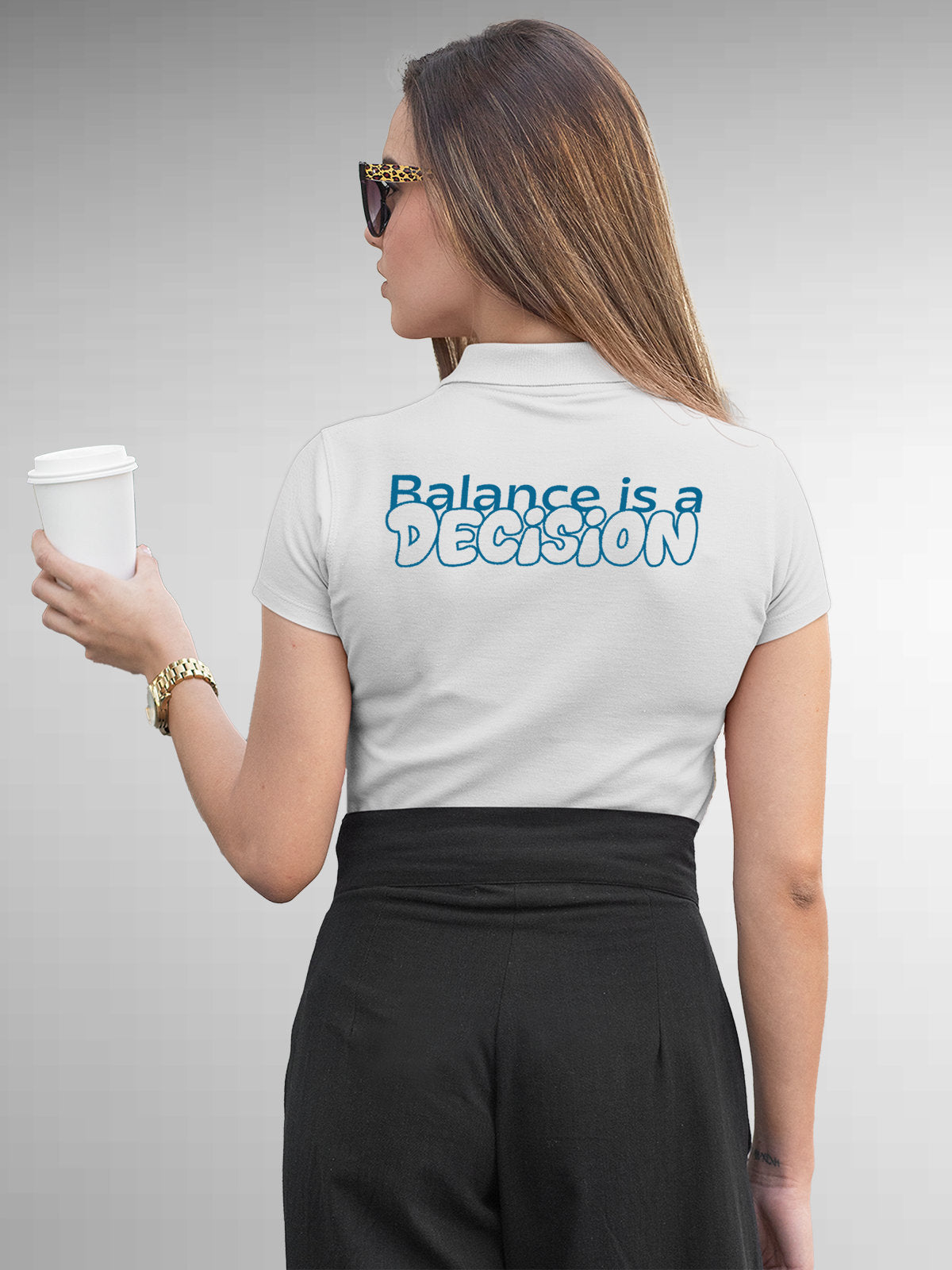 Model wearing Women's White Collar T-shirt with the text 'Balance is a decision' printed at the back.