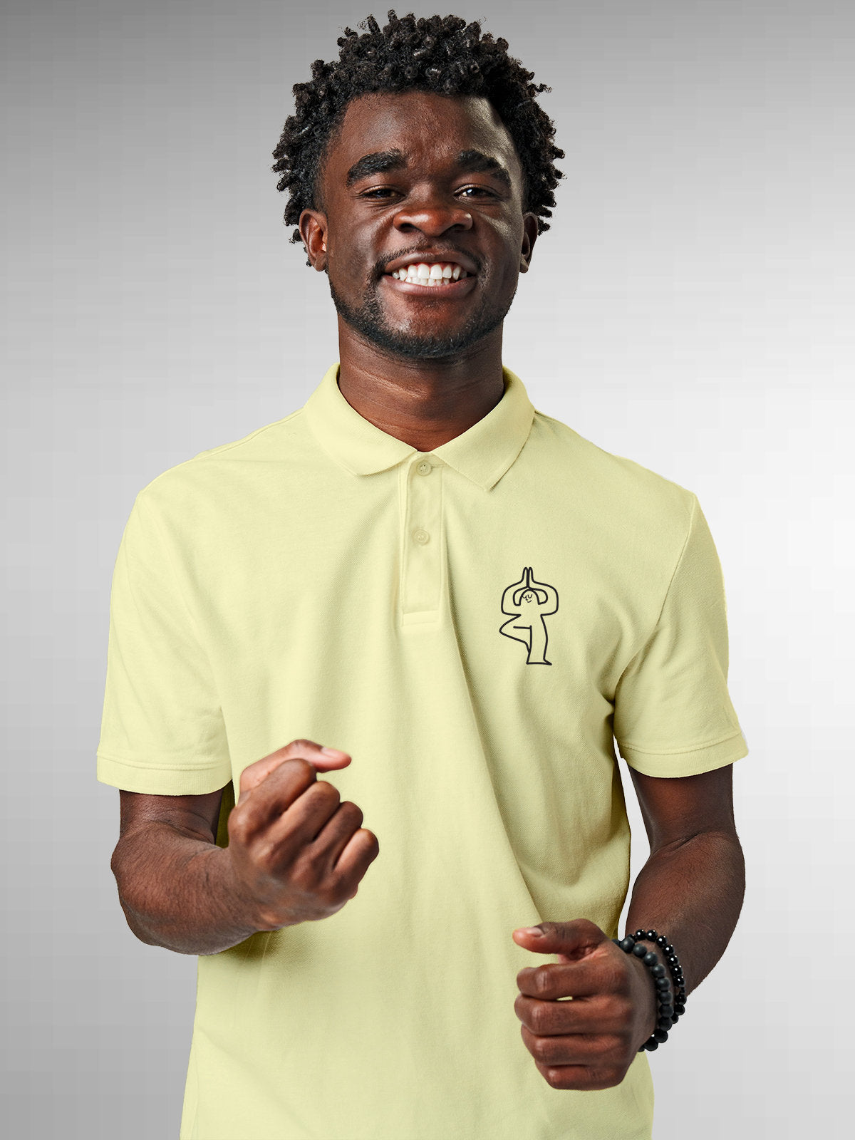 Front view of Men's Yellow Collar T-shirt, highlighting a goofy character symbolising 'Balance'.
