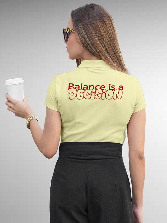 Fighterhero Polos: Model wearing Women's Yellow Polo T-shirt with 'Balance Is A Decision' design