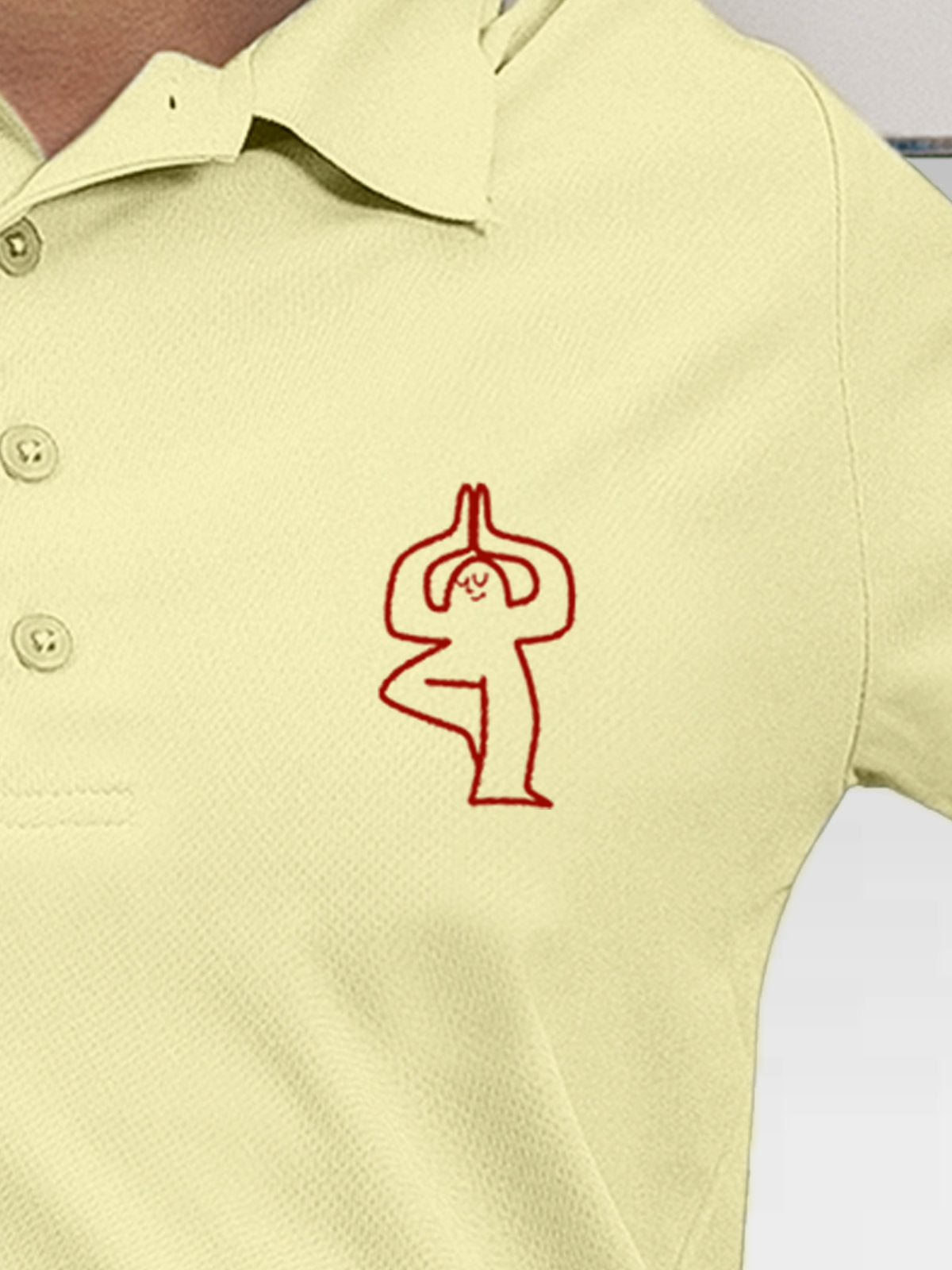 Close up of 'Balance Is A Decision' design on Women's Yellow Collar T-shirt, highlighting intricate details and vibrant print.