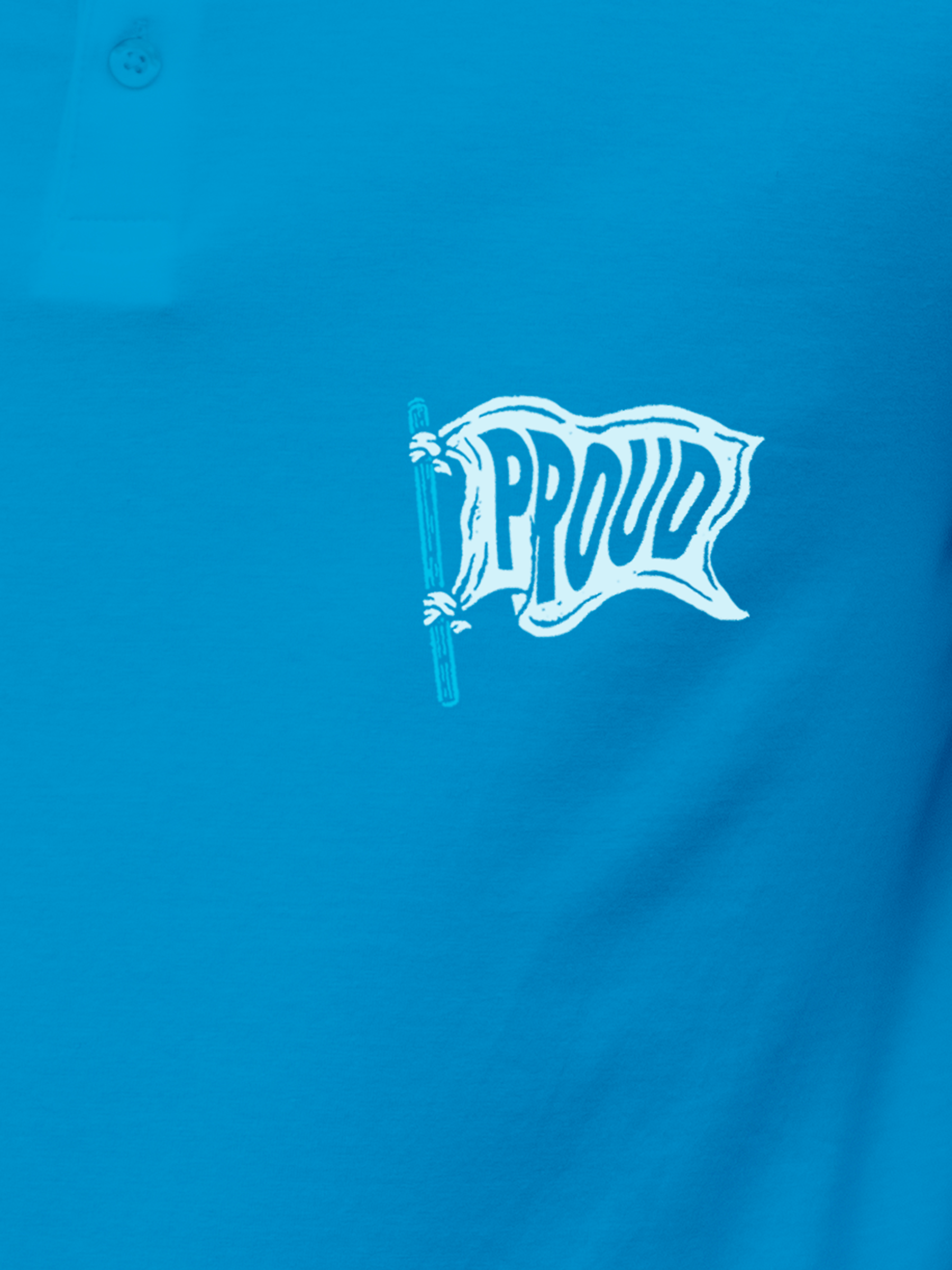 Close up of 'Proud' design on Men's Blue Polo T-shirt, highlighting intricate details and vibrant print.