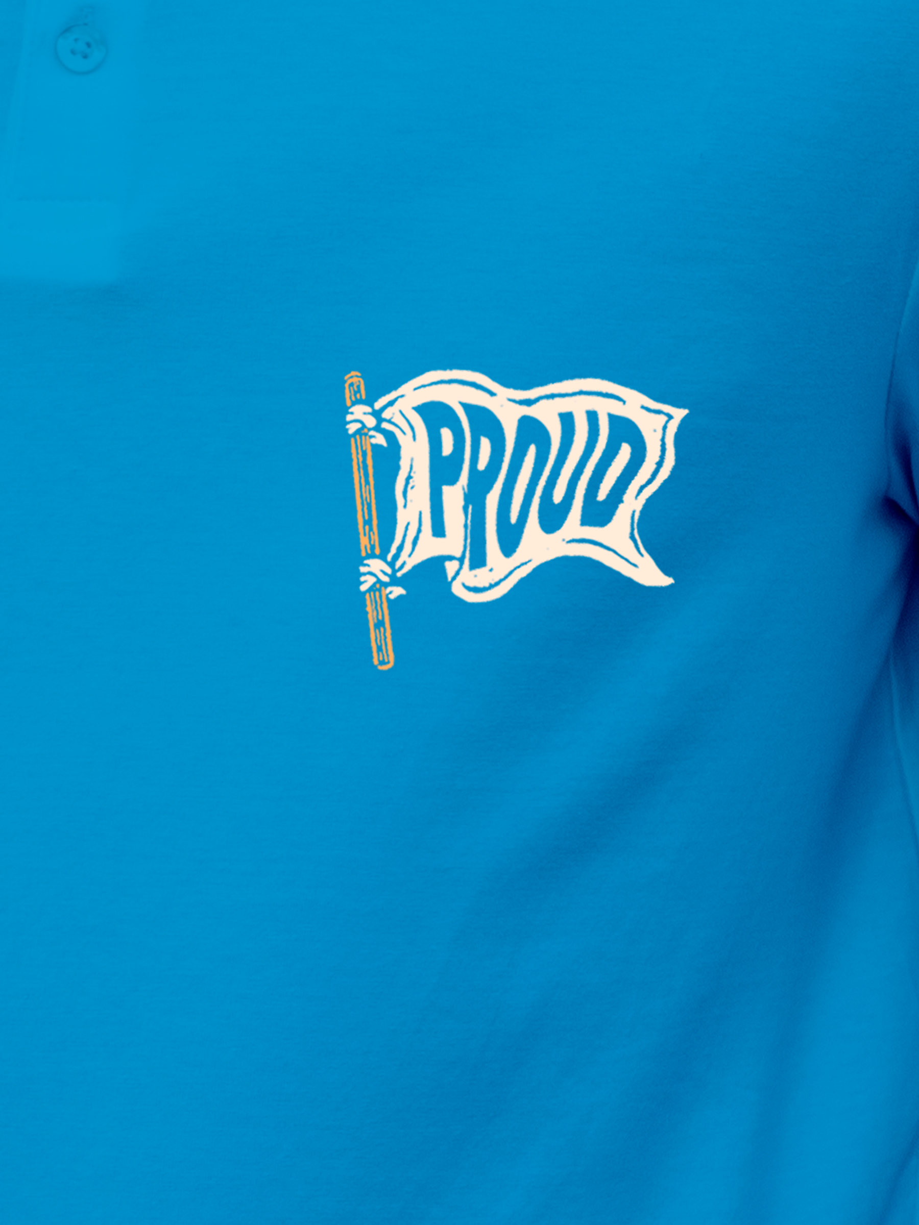 Close up of 'Proud' design on Men's Blue Polo T-shirt, highlighting intricate details and vibrant print.
