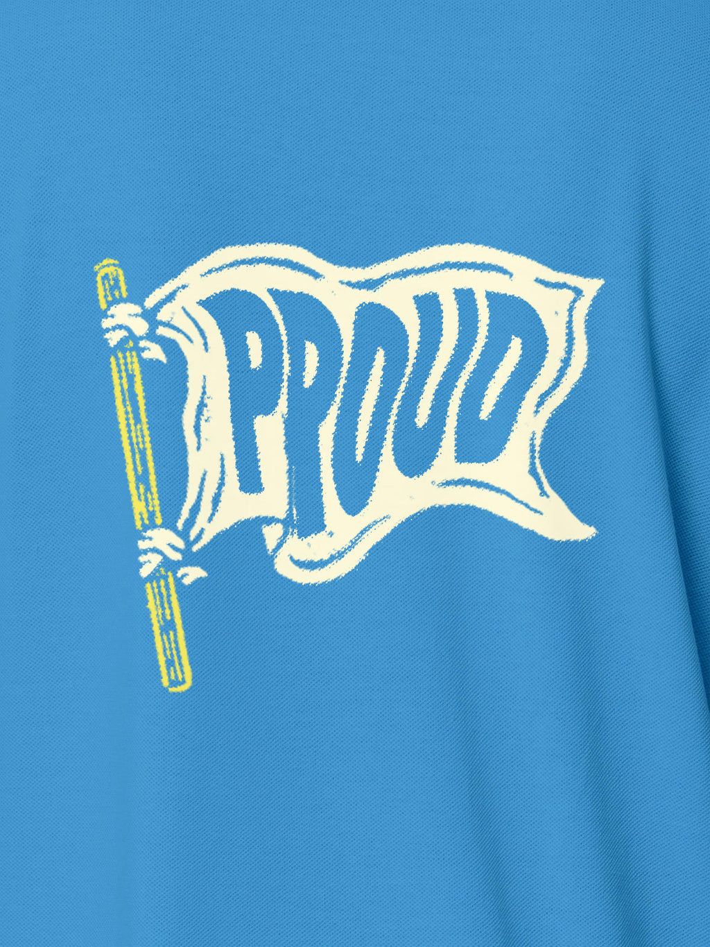 Close up of 'Proud' design on Men's Blue Polo T-shirt, highlighting intricate details and vibrant print.