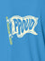 Close up of 'Proud' design on Men's Blue Polo T-shirt, highlighting intricate details and vibrant print.