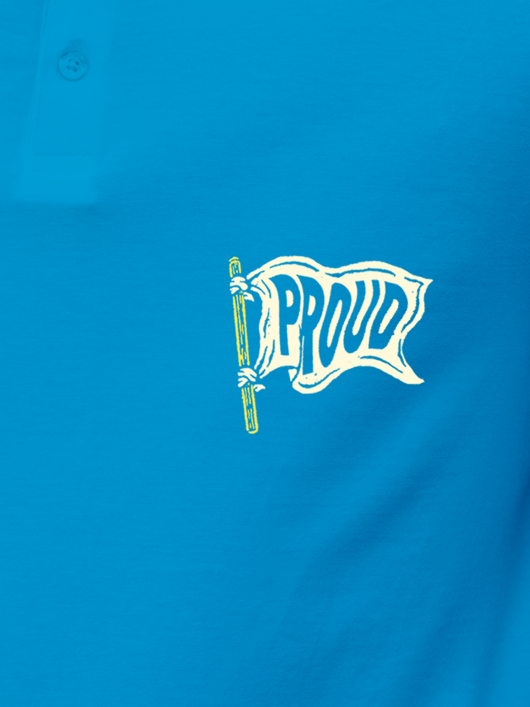 Close up of 'Proud' design on Men's Blue Polo T-shirt, highlighting intricate details and vibrant print.