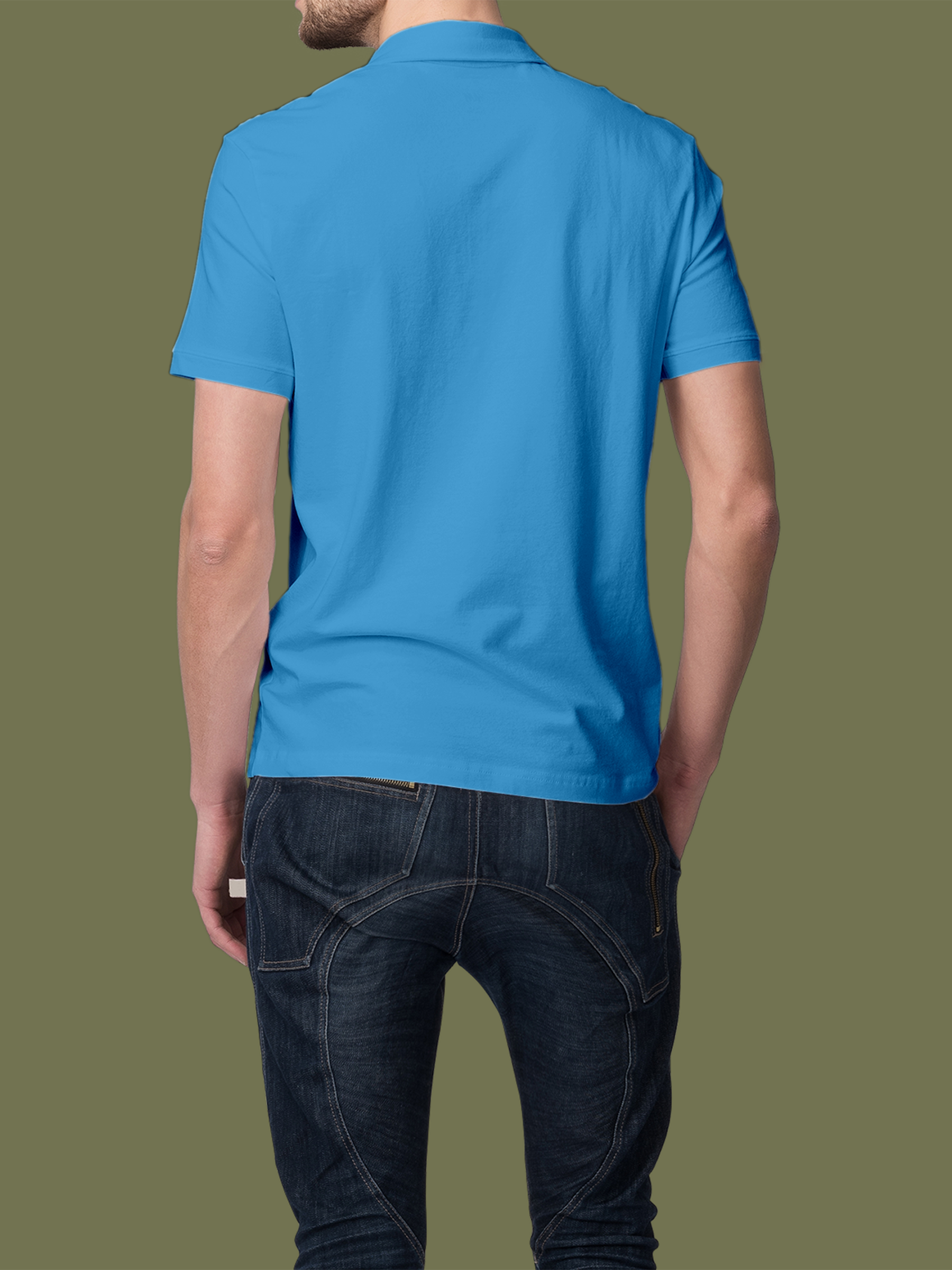 Back view of Fighterhero Men's Blue Polo T-shirt, highlighting the modern look and clean finish