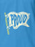 Close up of 'Proud' design on Women's Blue Polo T-shirt, highlighting intricate details and vibrant print.