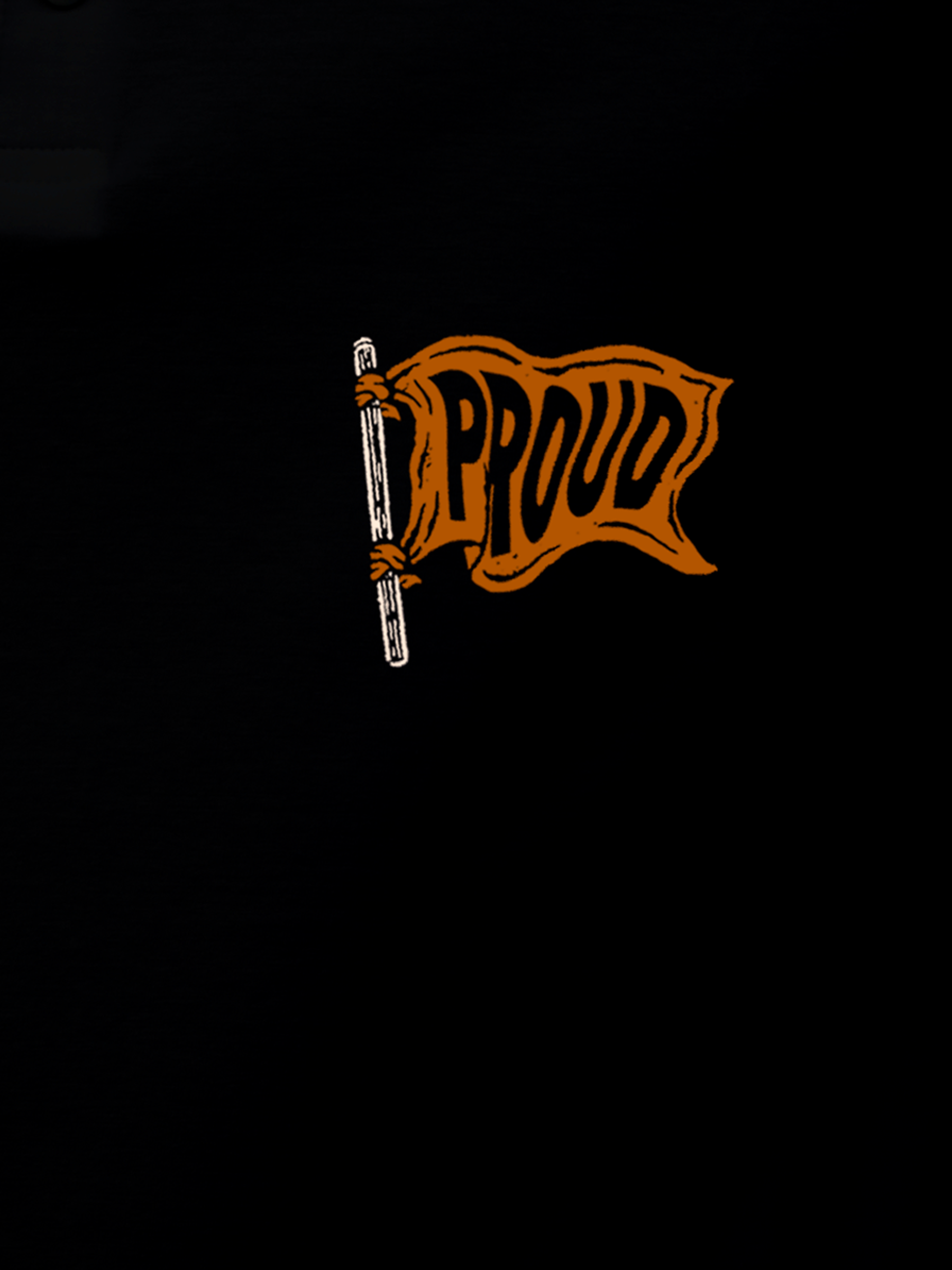 Close up of 'Proud' design on Men's Black Polo T-shirt, highlighting intricate details and vibrant print.