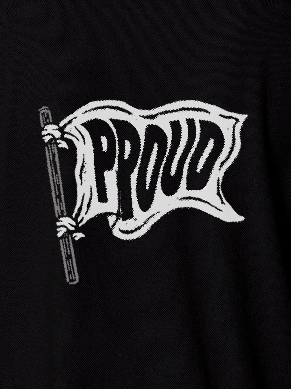 Close up of 'Proud' design on Men's Black Polo T-shirt, highlighting intricate details and vibrant print.