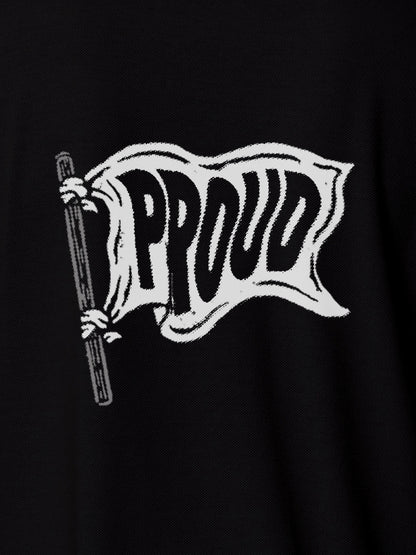 Close up of 'Proud' design on Men's Black Polo T-shirt, highlighting intricate details and vibrant print.