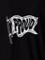 Close up of 'Proud' design on Men's Black Polo T-shirt, highlighting intricate details and vibrant print.