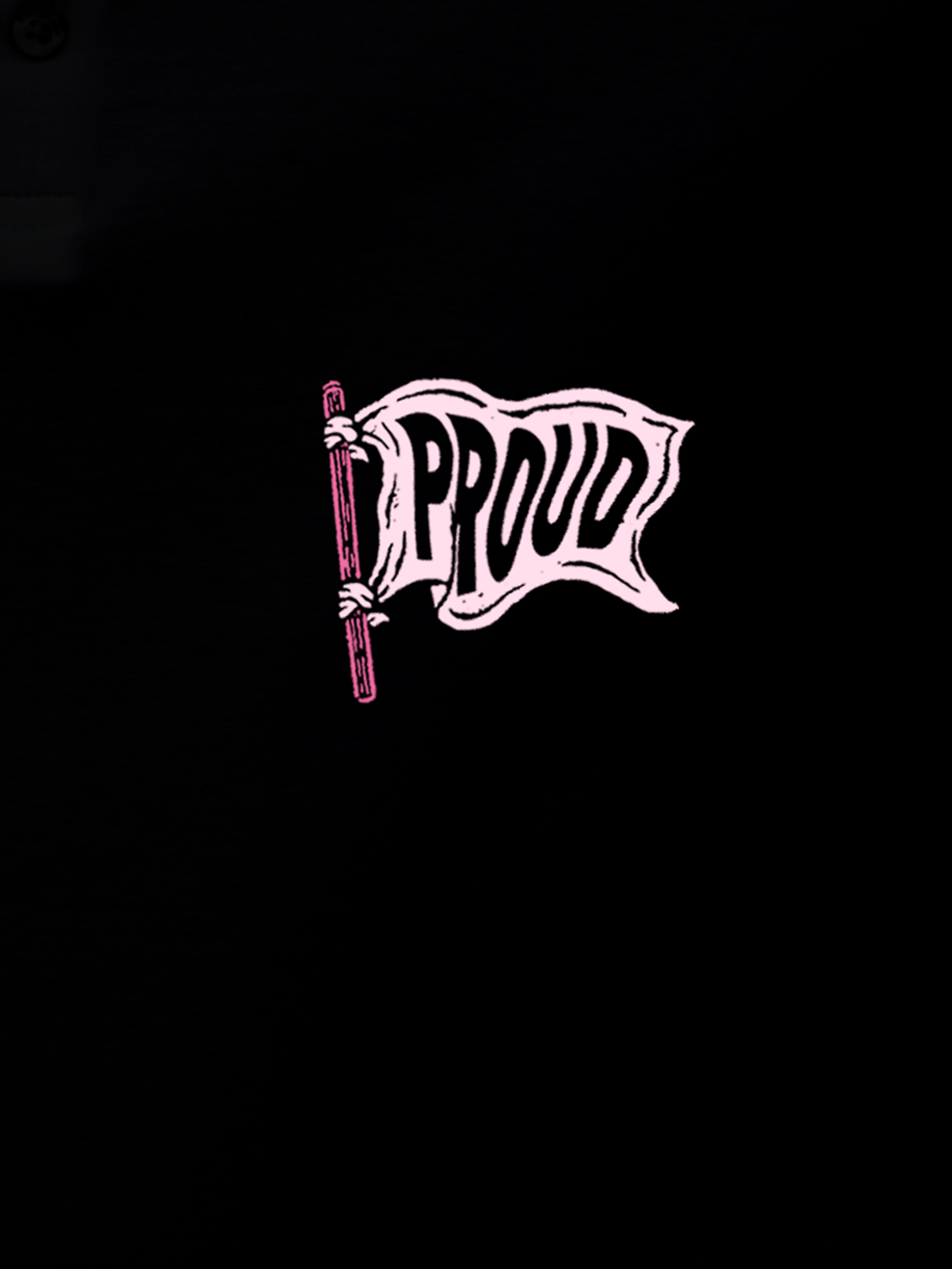 Close up of 'Proud' design on Men's Black Polo T-shirt, highlighting intricate details and vibrant print.