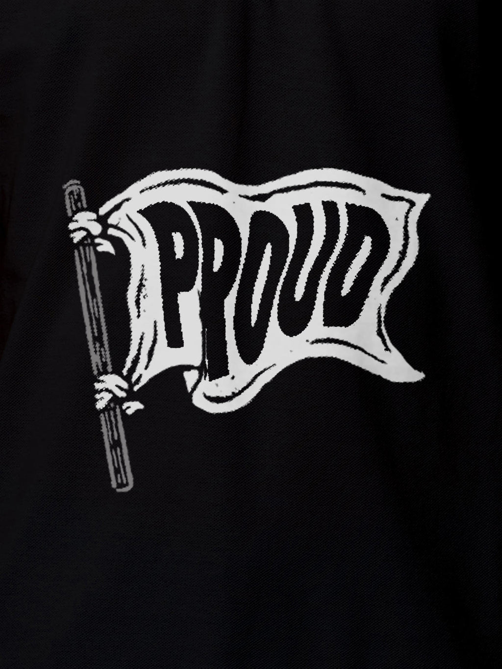 Close up of 'Proud' design on Women's Black Polo T-shirt, highlighting intricate details and vibrant print.