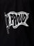 Close up of 'Proud' design on Women's Black Polo T-shirt, highlighting intricate details and vibrant print.
