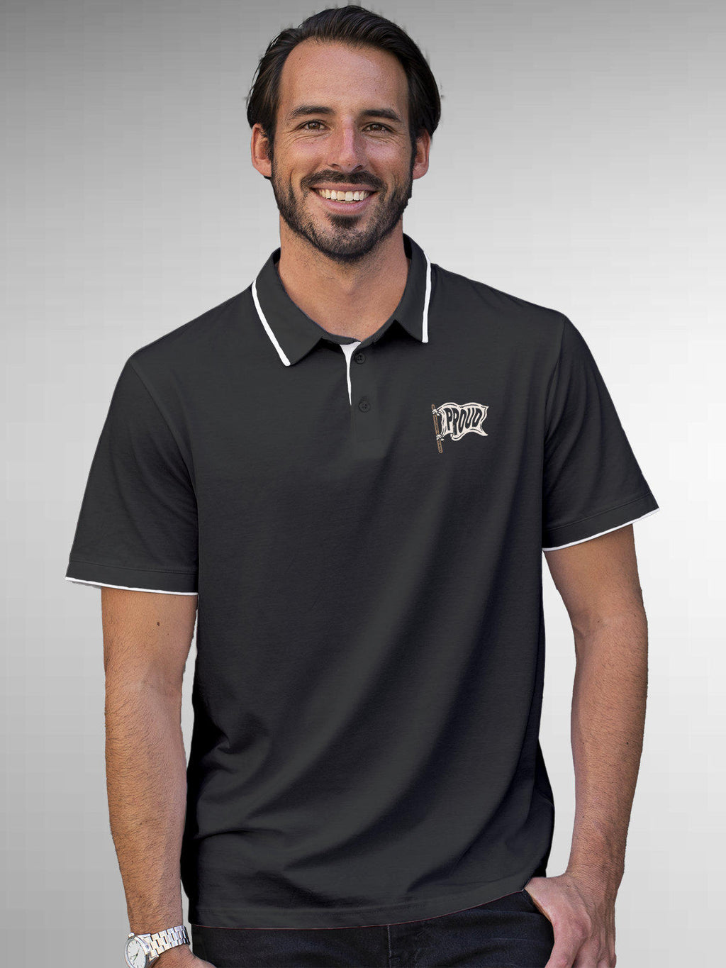 Model wearing Men's Dark Grey Polo T-shirt with 'Proud' design, offering effortless style and premium comfort
