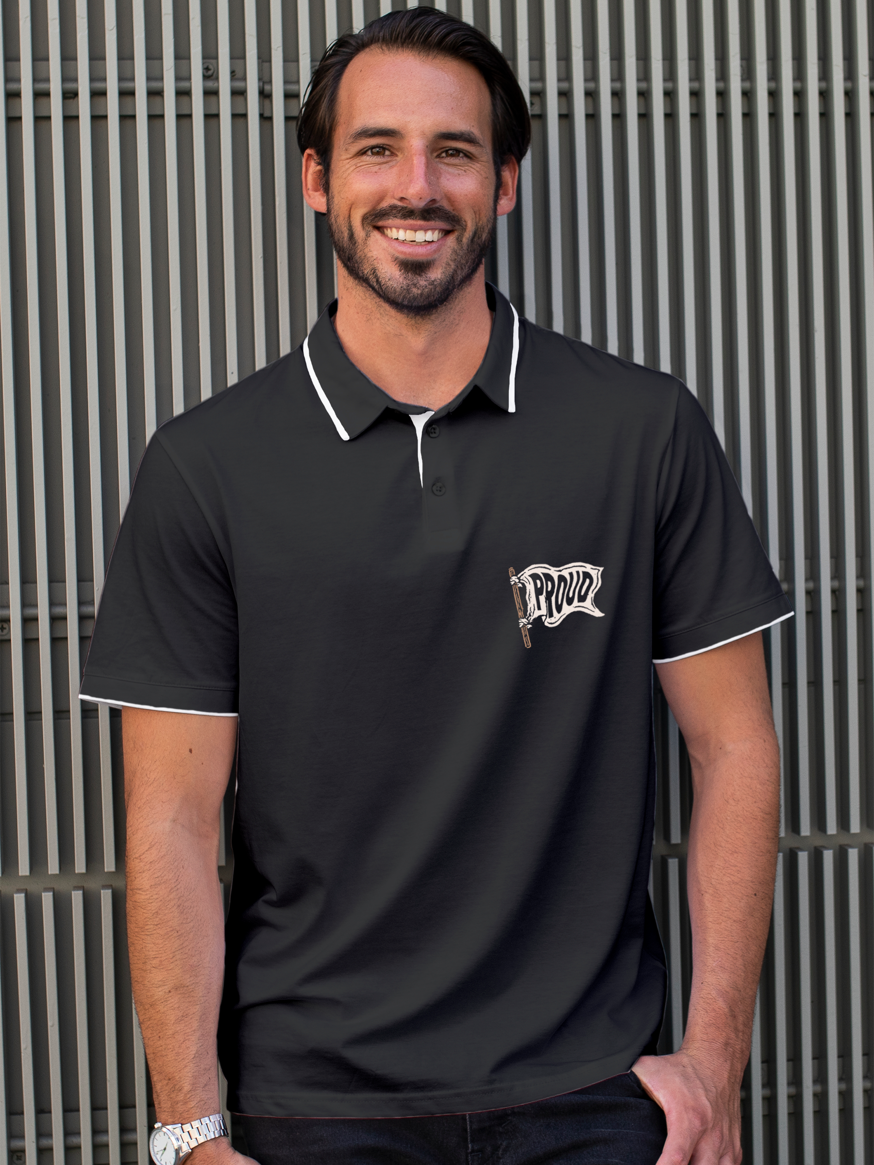 Fighterhero Polo Collection: Model wearing Men's Charcoal Grey Polo T-shirt with 'Proud' design