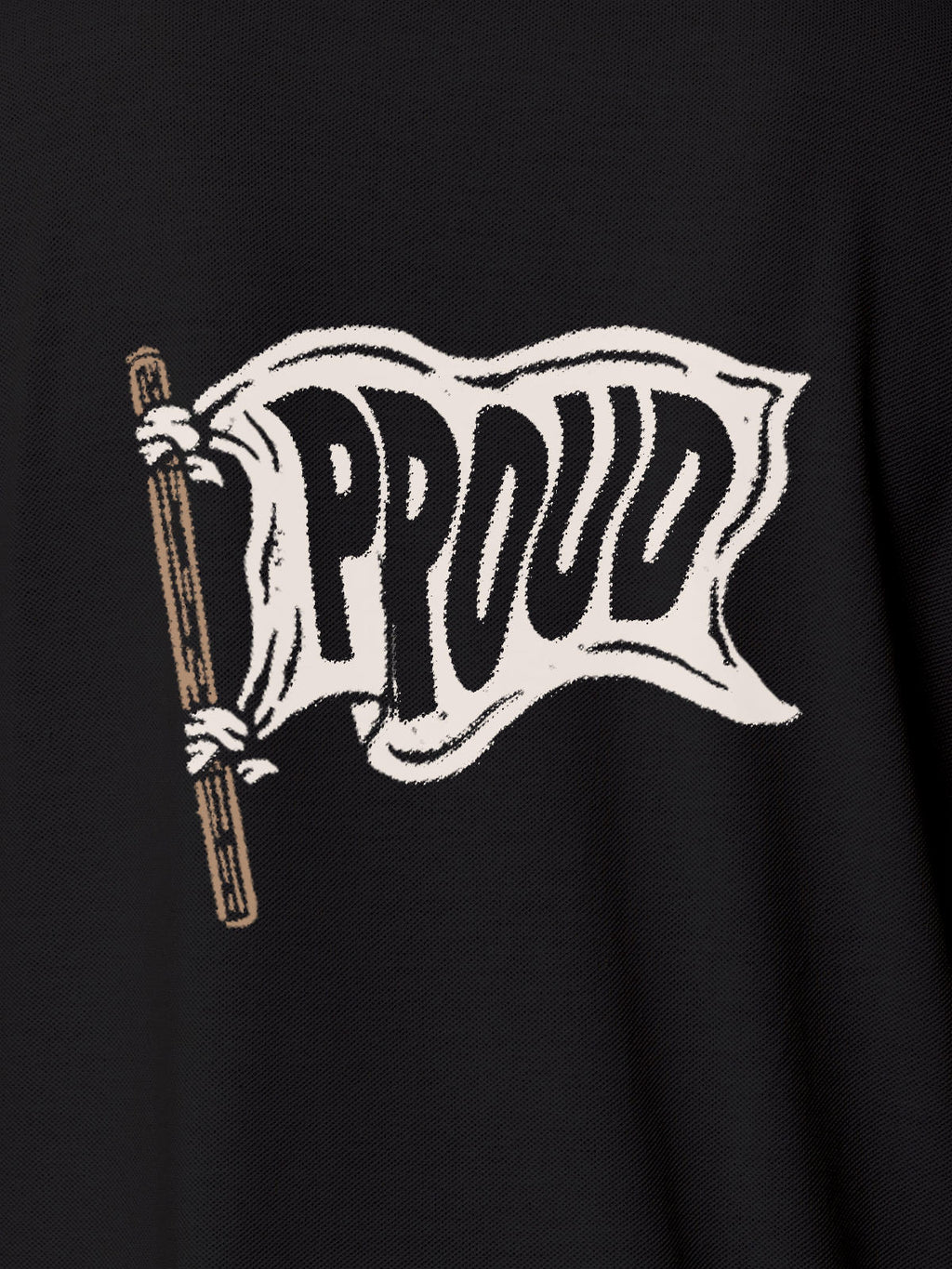 Close up of 'Proud' design on Men's Dark Grey Polo T-shirt, highlighting intricate details and vibrant print.