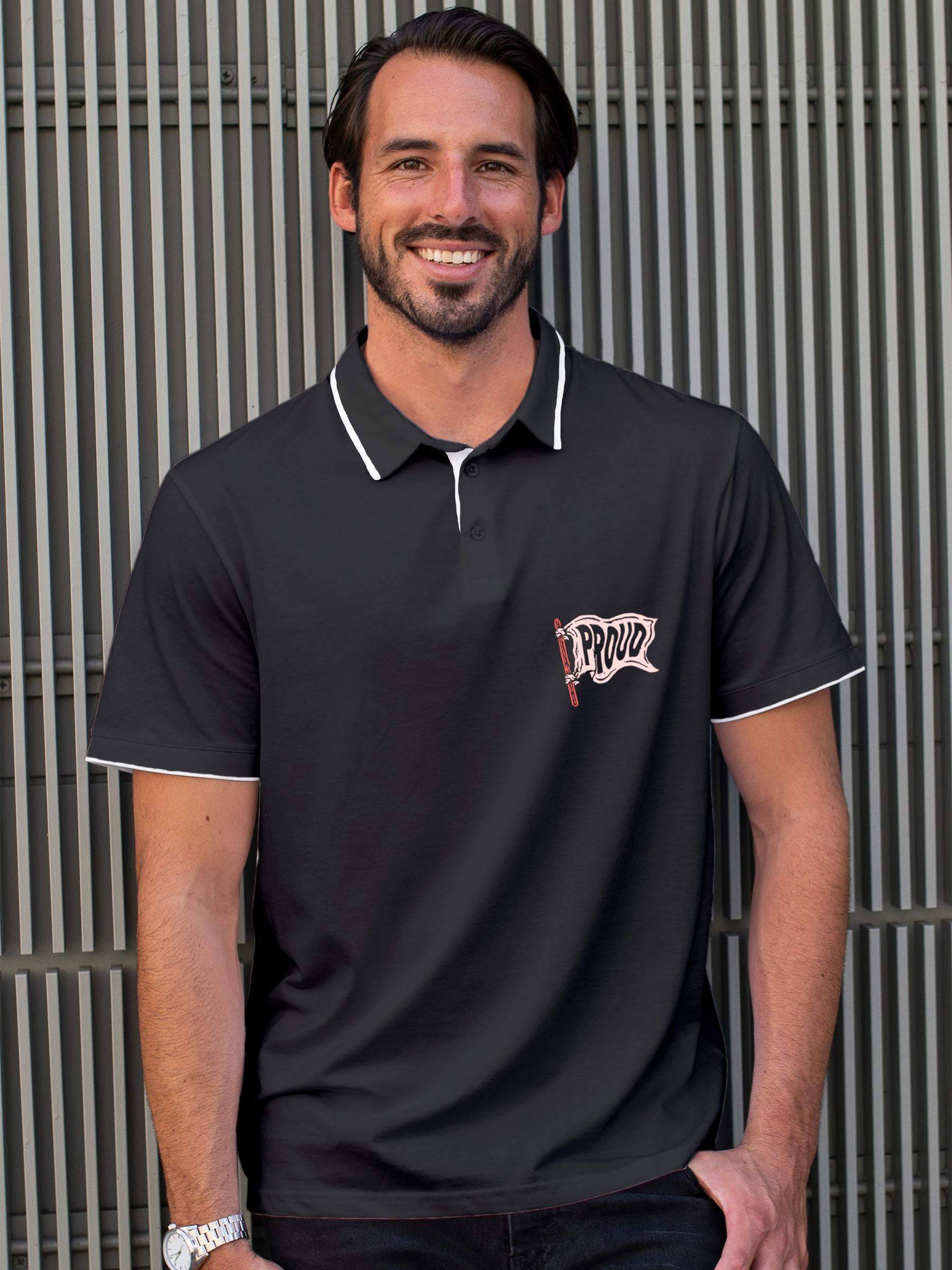 Model wearing Men's Charcoal Grey Polo T-shirt with 'Proud' design, offering effortless style and premium comfort