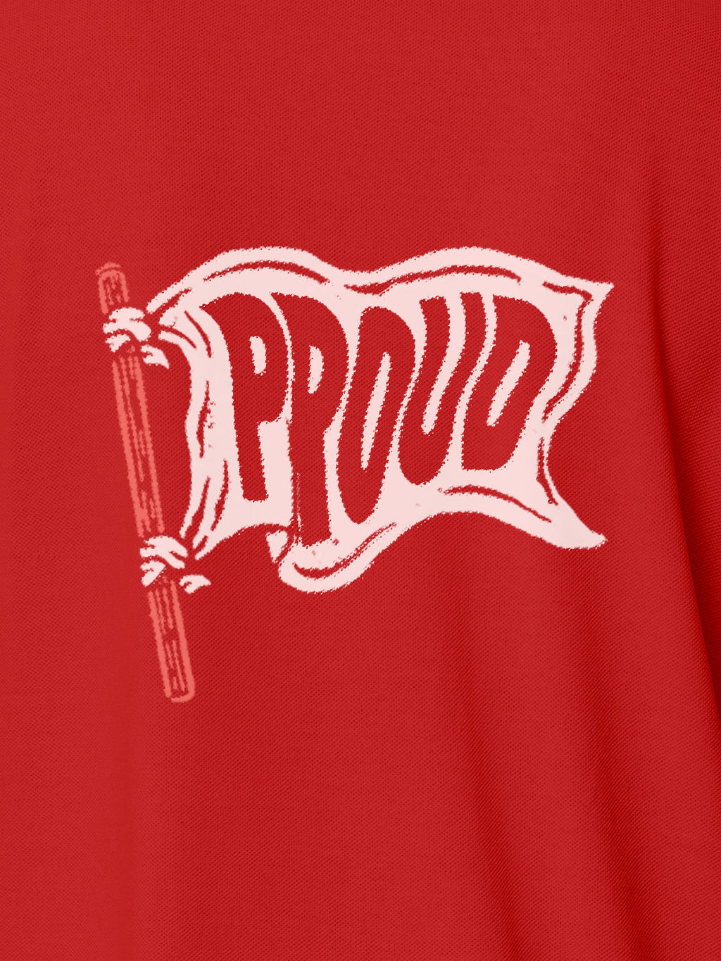 Close up of 'Proud' design on Men's Red Polo T-shirt, highlighting intricate details and vibrant print.