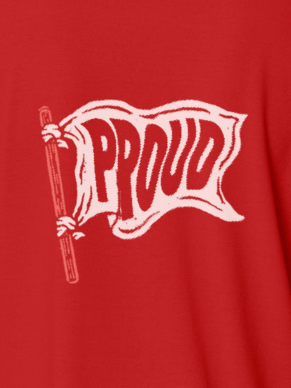 Close up of 'Proud' design on Men's Red Polo T-shirt, highlighting intricate details and vibrant print.