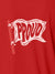 Close up of 'Proud' design on Men's Red Polo T-shirt, highlighting intricate details and vibrant print.