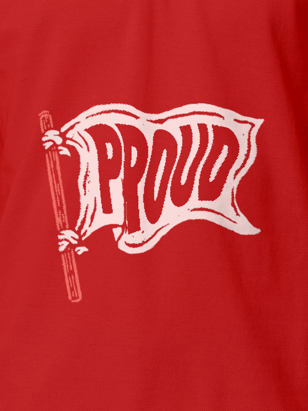 Close up of 'Proud' design on Women's Red Polo T-shirt, highlighting intricate details and vibrant print.