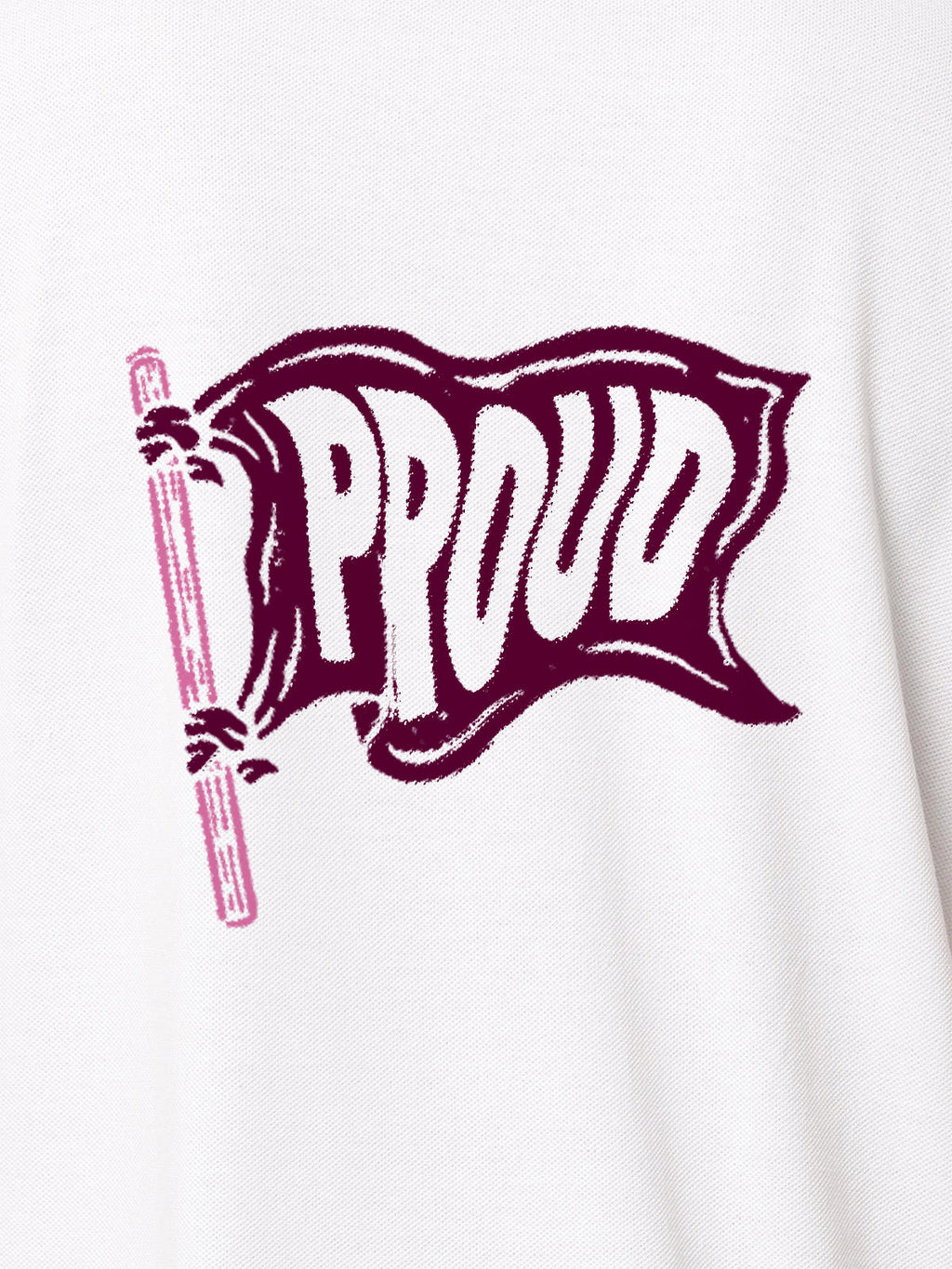Close up of 'Proud' design on Men's White Polo T-shirt, highlighting intricate details and vibrant print.